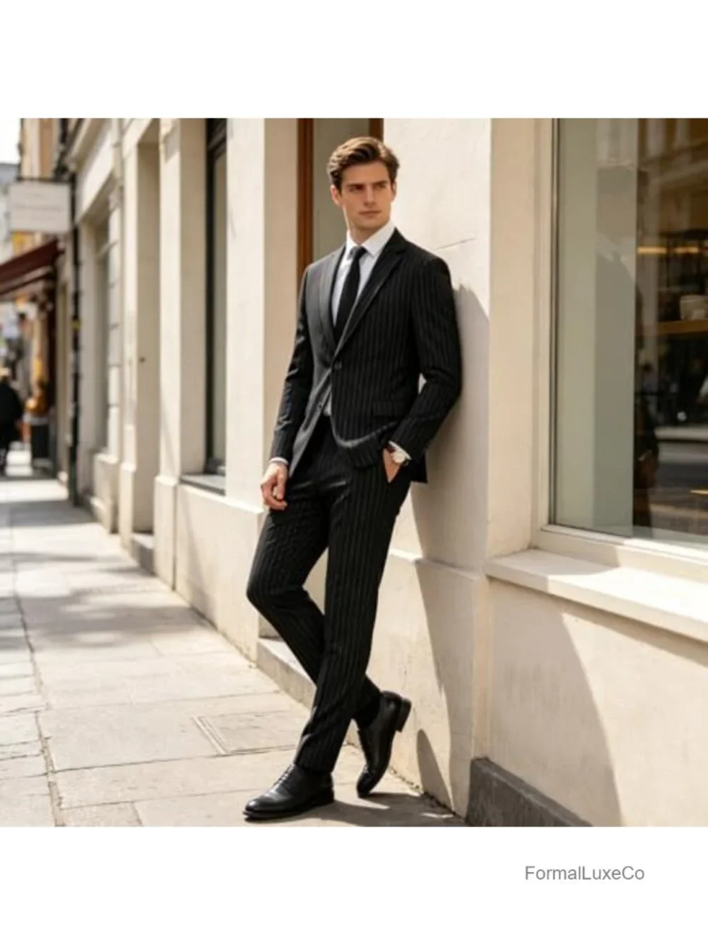 Men's Pinstripe 2 Piece Suit Slim Fit Tuxedo Casual Dress Set for Business